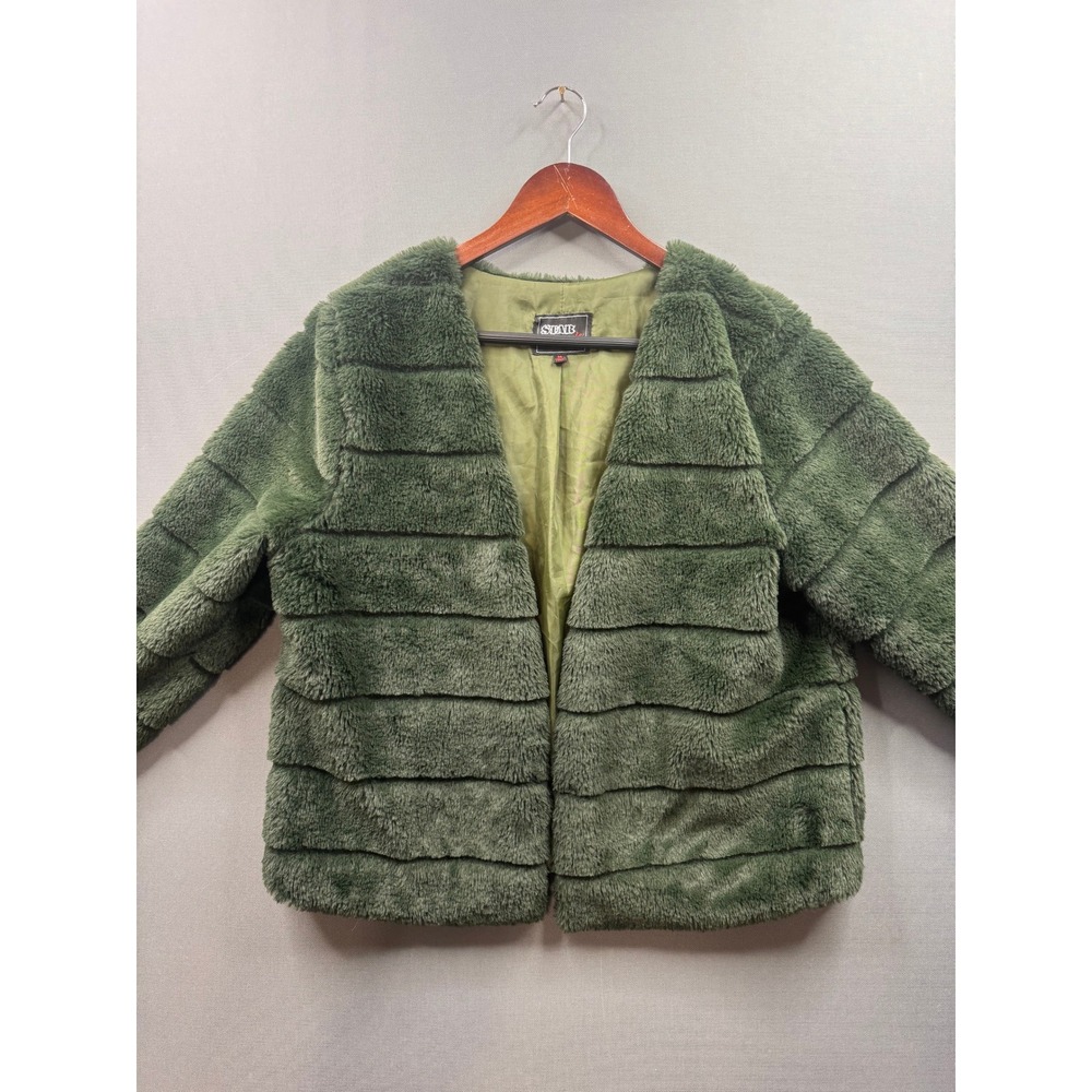 Star Style Womens Faux Fur Jacket Green Open Front Tiered Ribbed‎ Size M